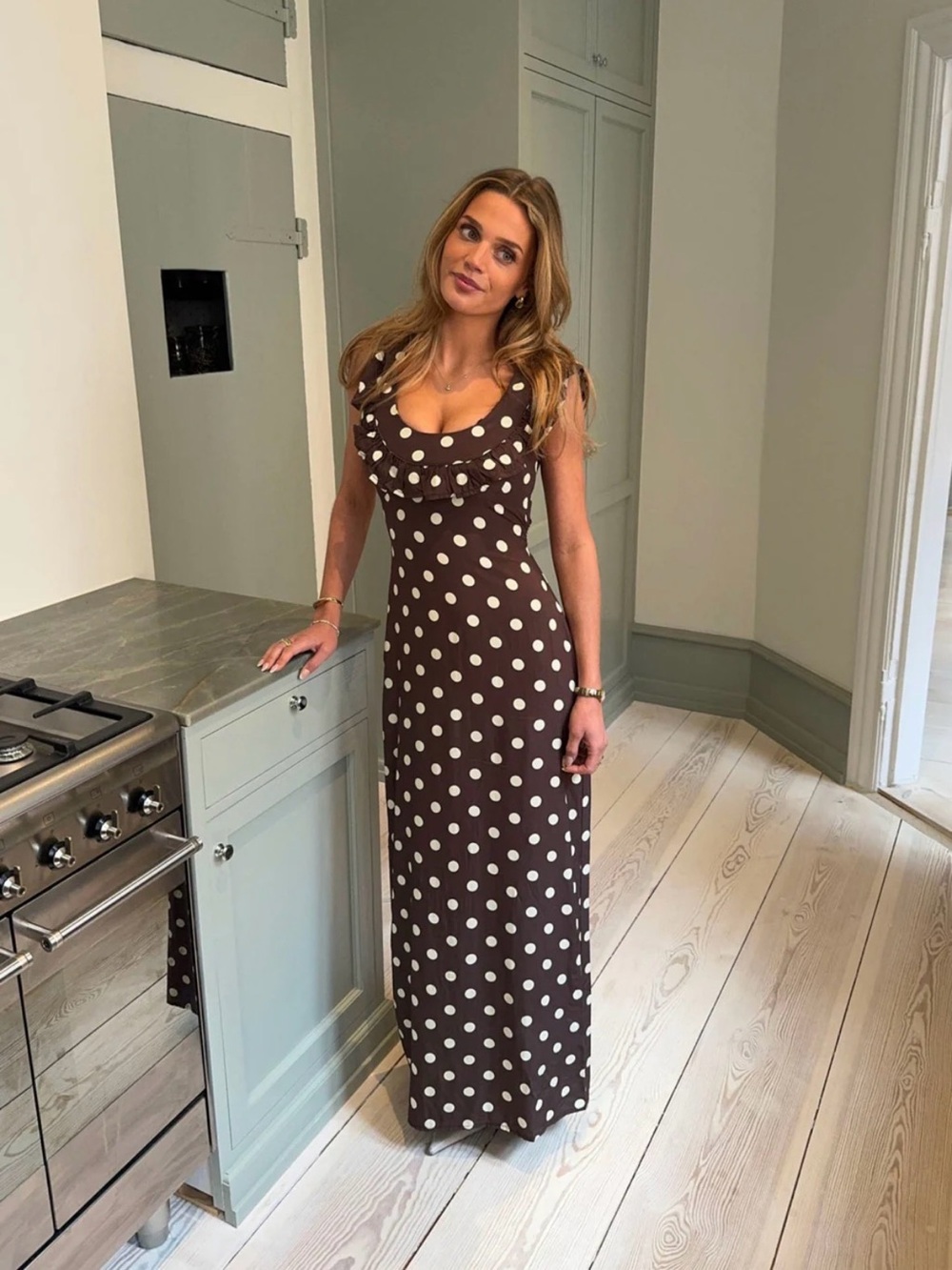 Design By Si Luna Polka Dot Brown Maxi Dress with Scoop Neck Ruffle Brown/Yellow